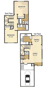 2 Bedroom / 2 and One Half  Bath - 969 Sq.Ft.*